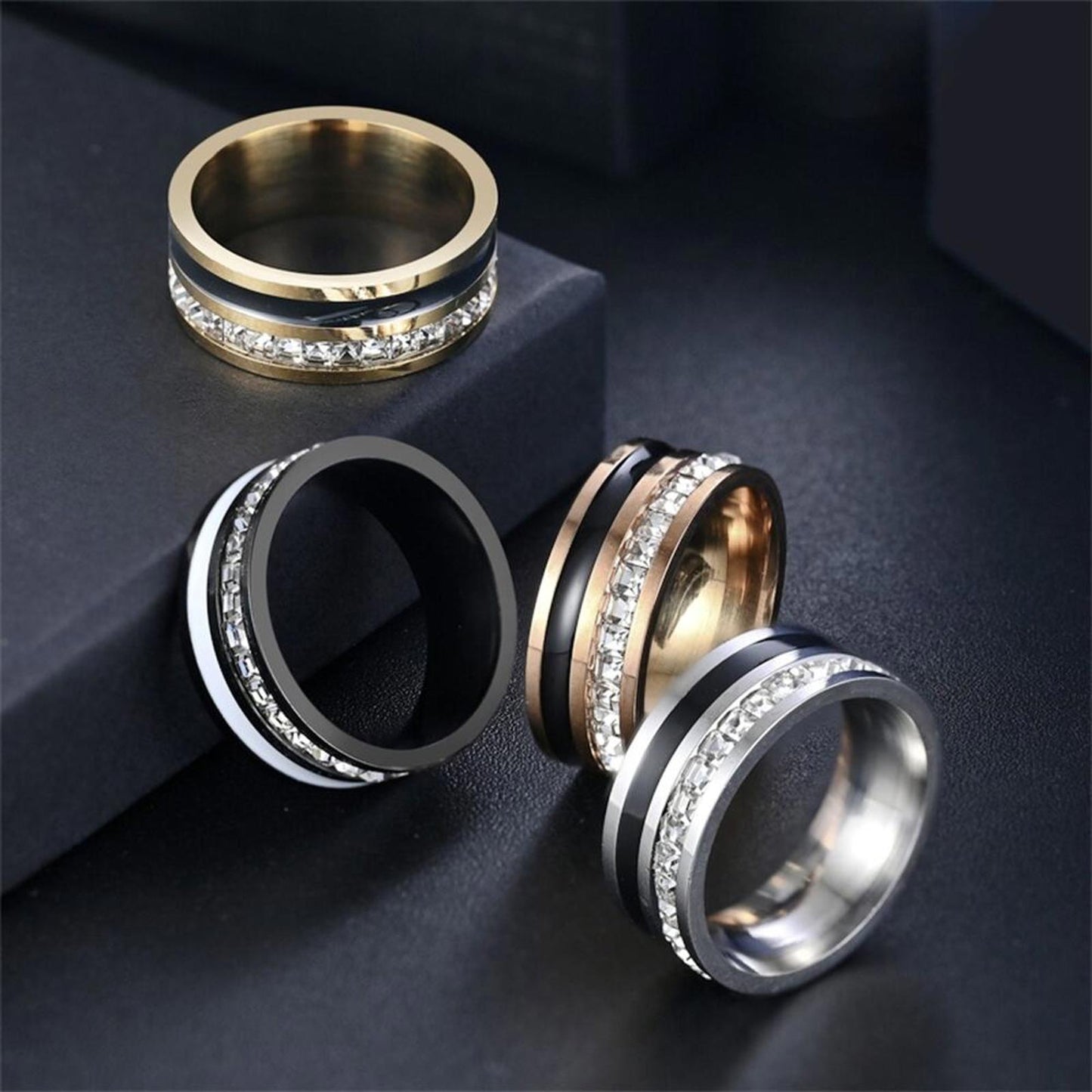 Stainless steel princess cut inlay band RING - Silver - CZs- size 13