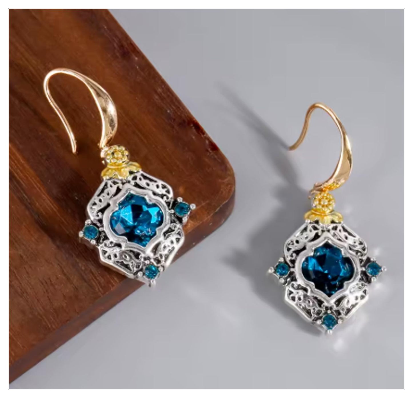 Blue vintage style two tone - Earrings - Silver - CZs - 1.5"
