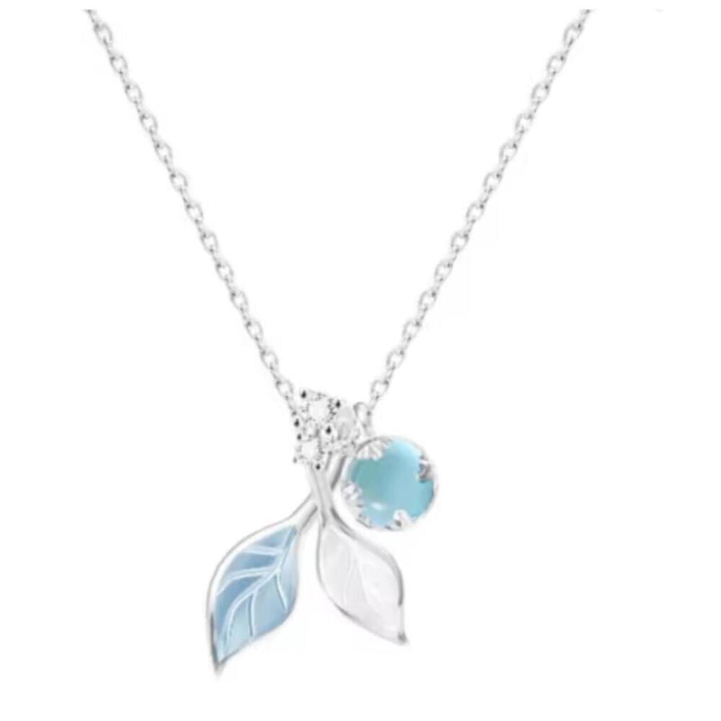 Blue and white leaf necklace - silver - CZs - 16-18"