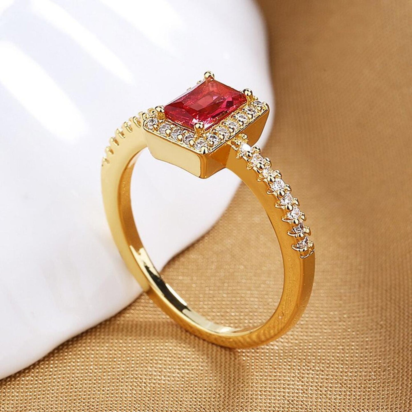 Red square halo RING - Gold - CZs - size 7