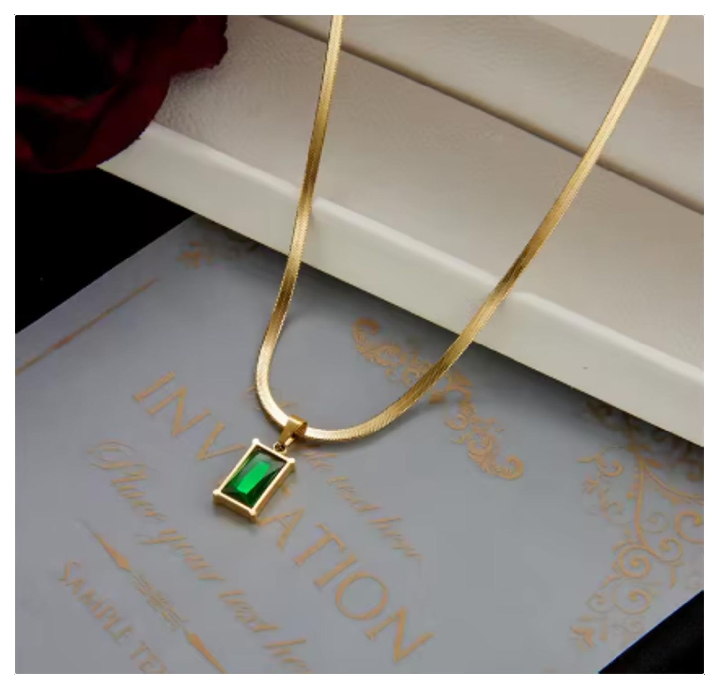 Green rectangle herringbone - Necklace/Earring set - Gold - CZs - 18"