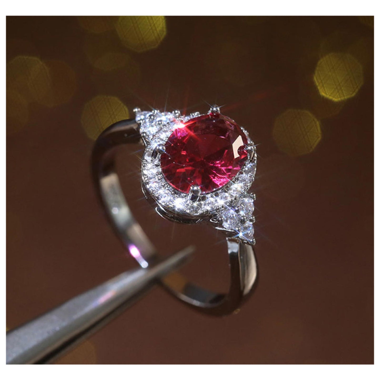 Red Oval ring - silver - CZs- Size 6.