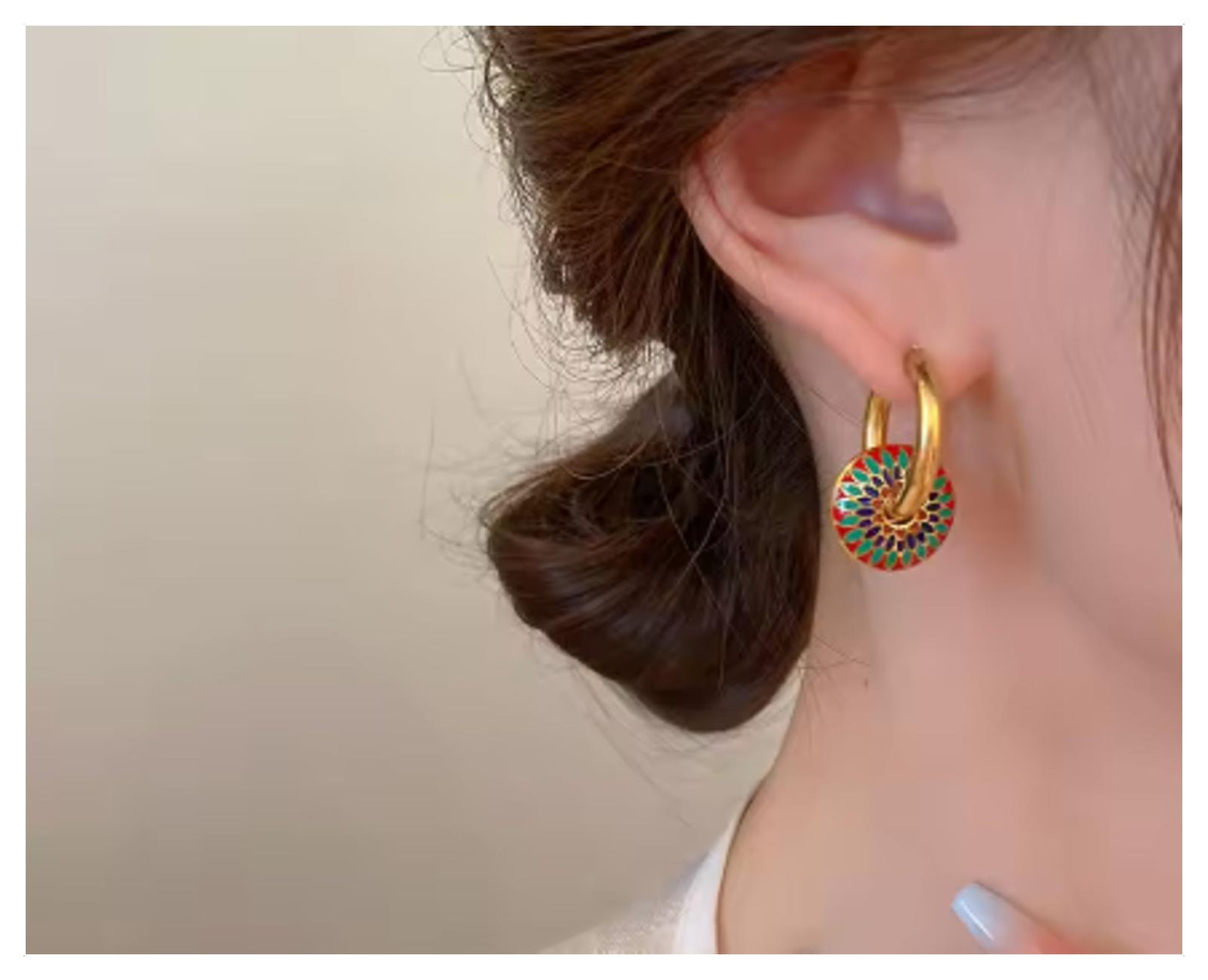 Multicolor enamel disc - Necklace/Earring set - Gold - 18"
