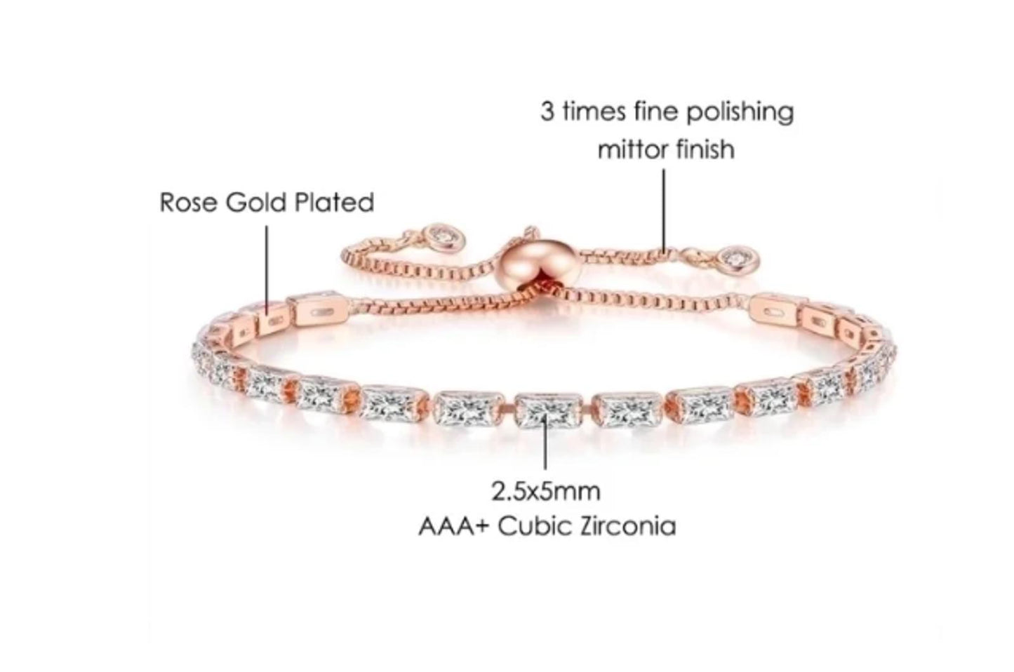 Sapphire blue baguette tennis - Bracelet - Rose Gold - CZs - adjustable