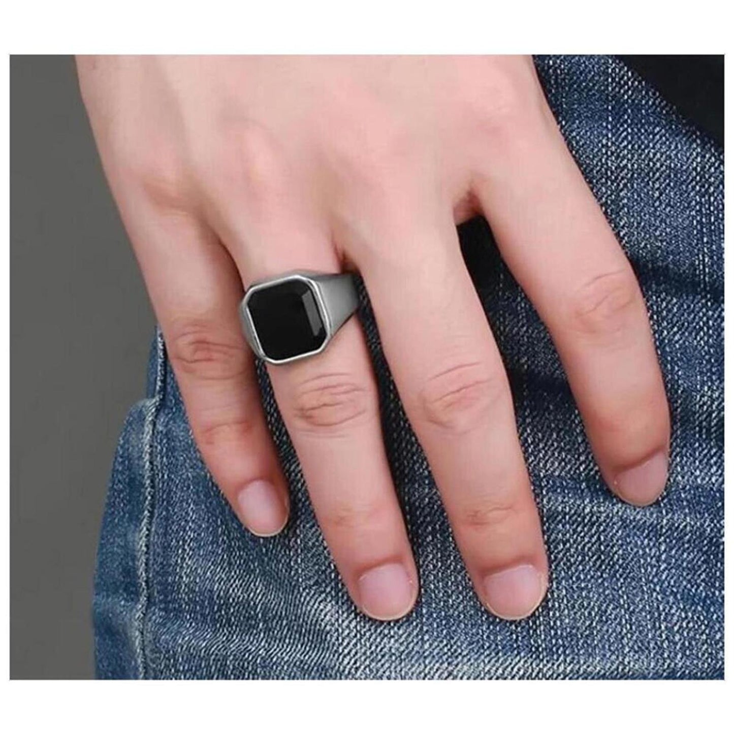 Black signet ring - silver - stone - size 10.