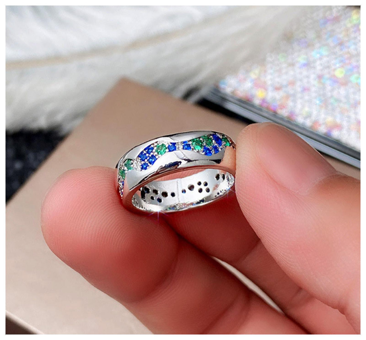 Blue green wave band Ring - Silver - CZs - Size 6