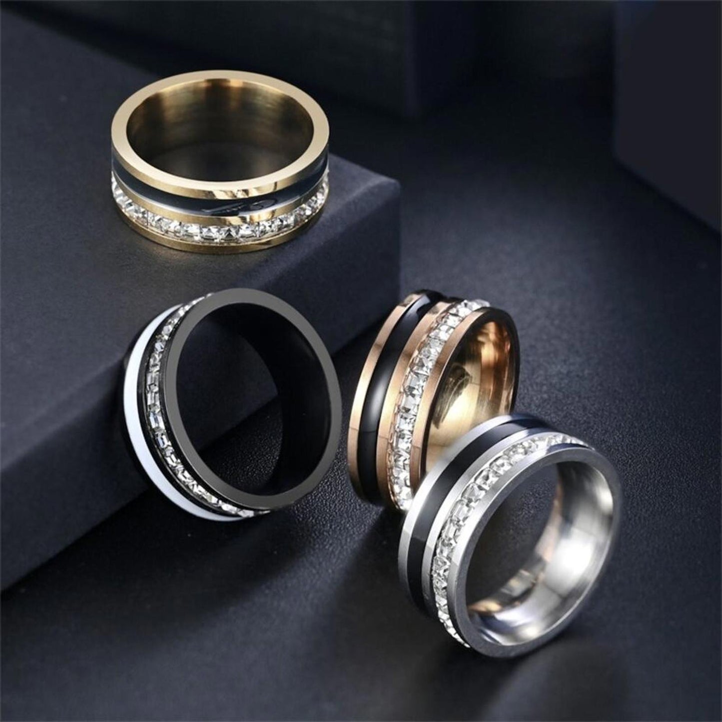 Black stainless steel princess cut inlay band RING - Silver - CZs- size 8