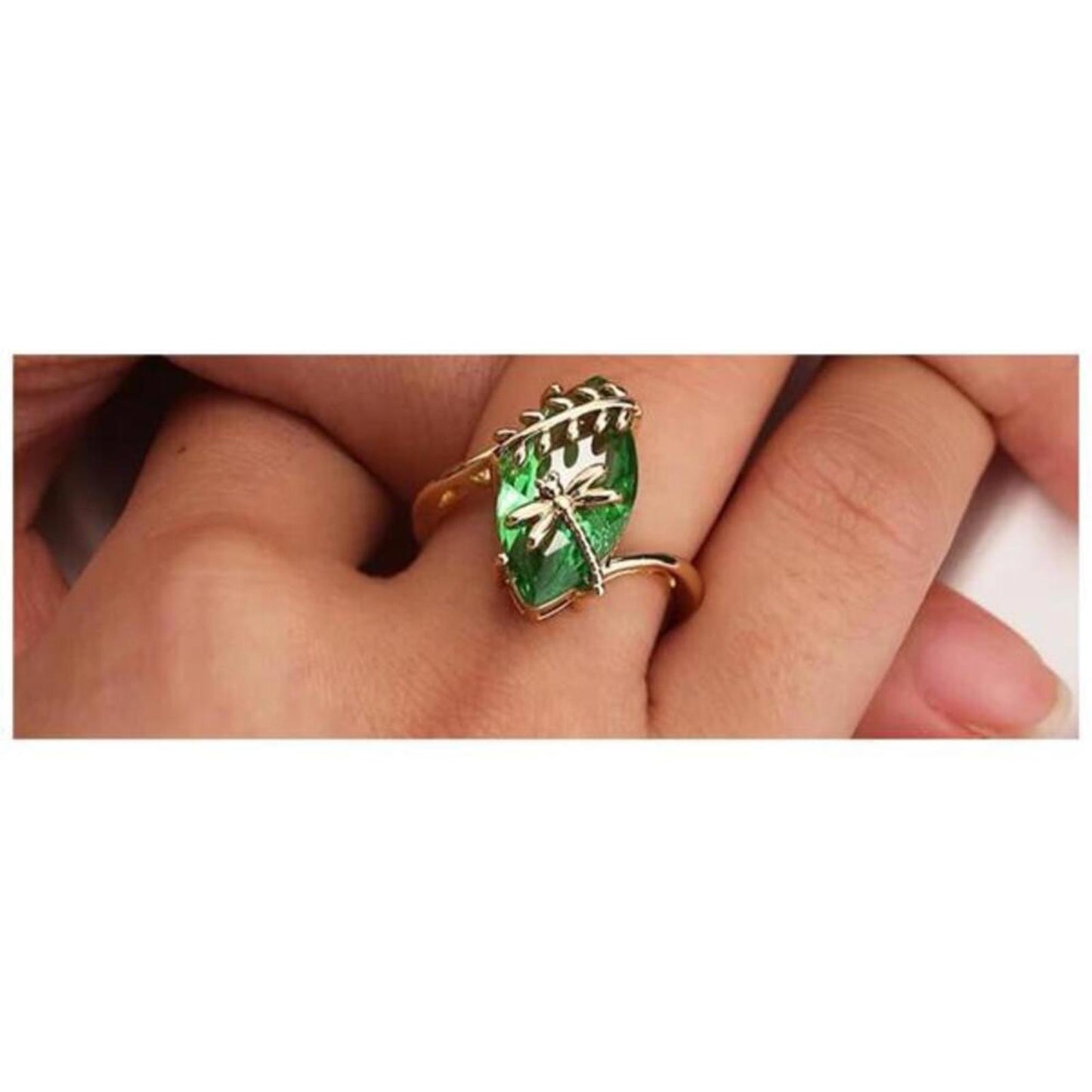 Green dragonfly ring - 18Kgold plated - CZs - size 10.
