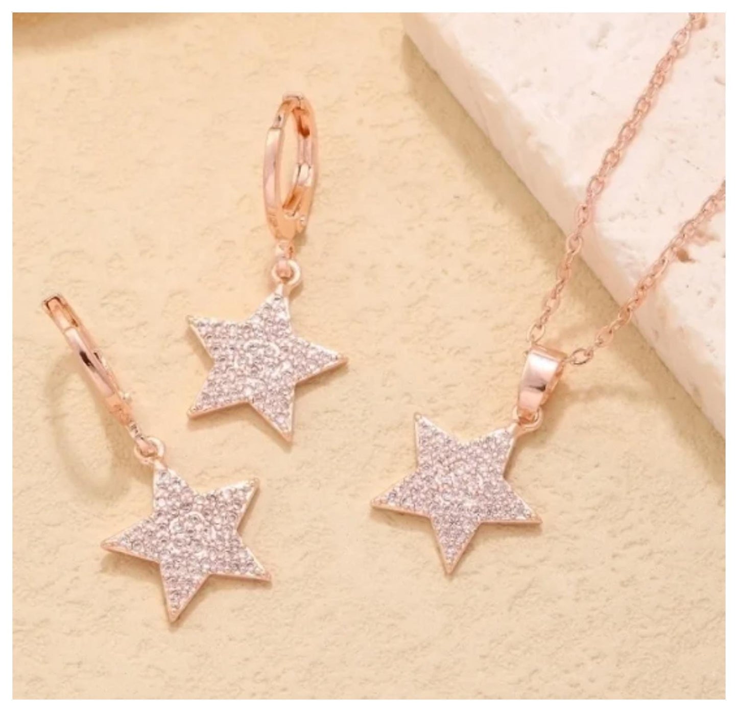 Sparkle stars - Necklace/Earring set - Rose Gold- CZs - 18"