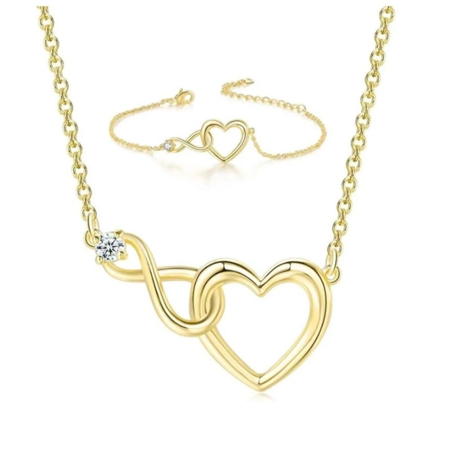 Infinity Heart Set - Gold - CZs - 16-18" Necklace & Bracelet