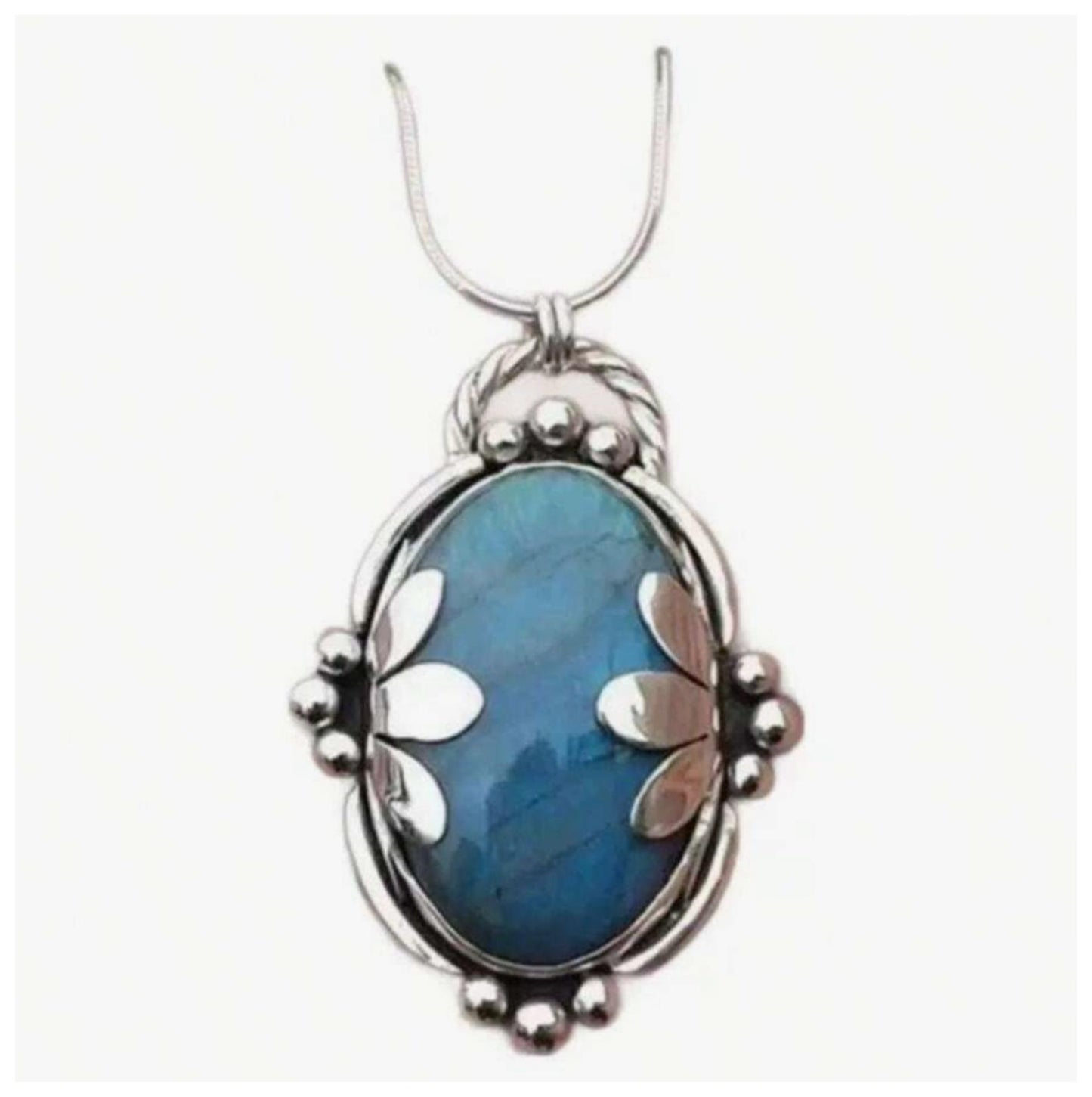 Blue flower oval - Necklace - Silver - 20"