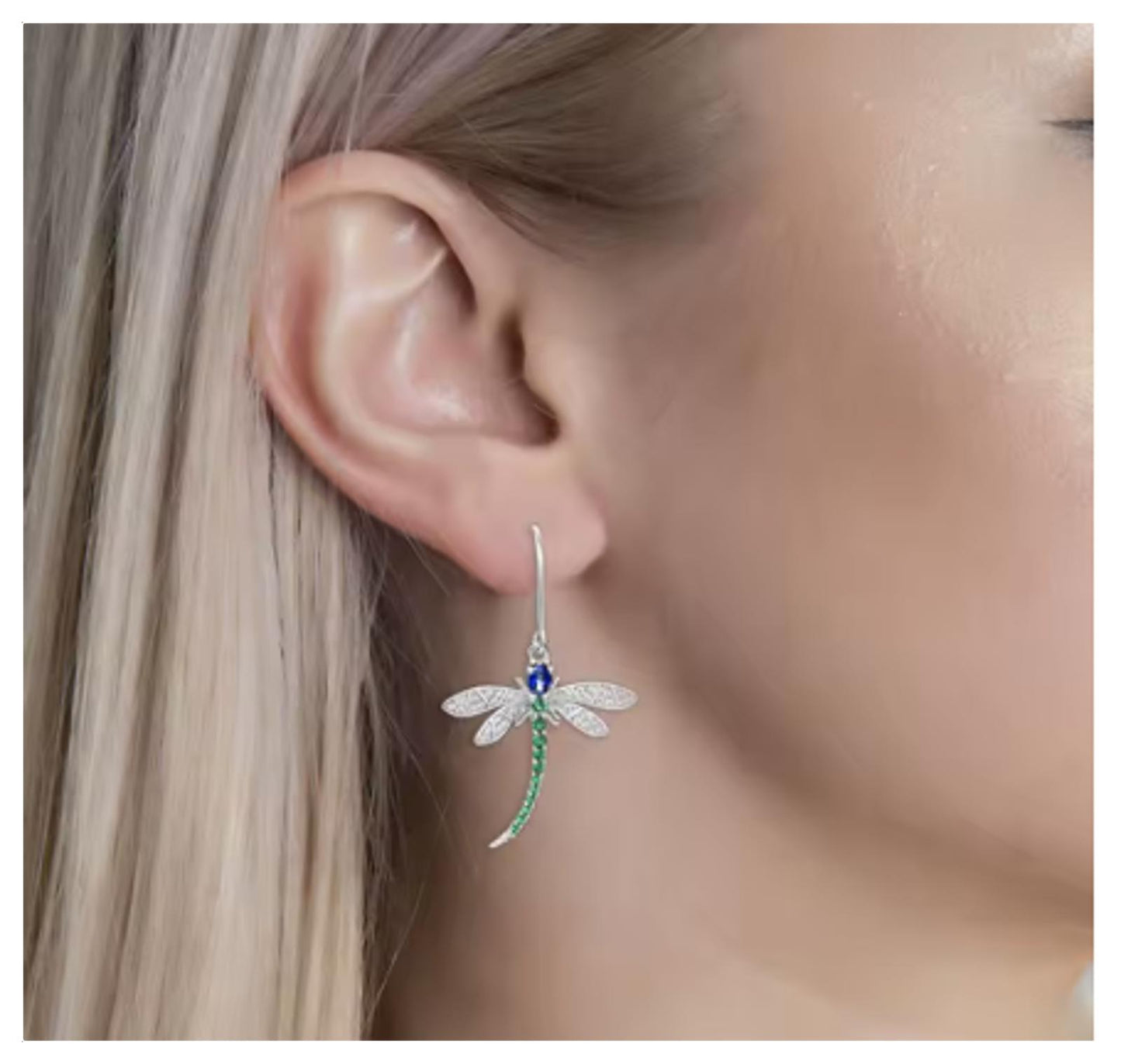 Green and blue dragonfly - Earrings - Silver - CZs - 18"