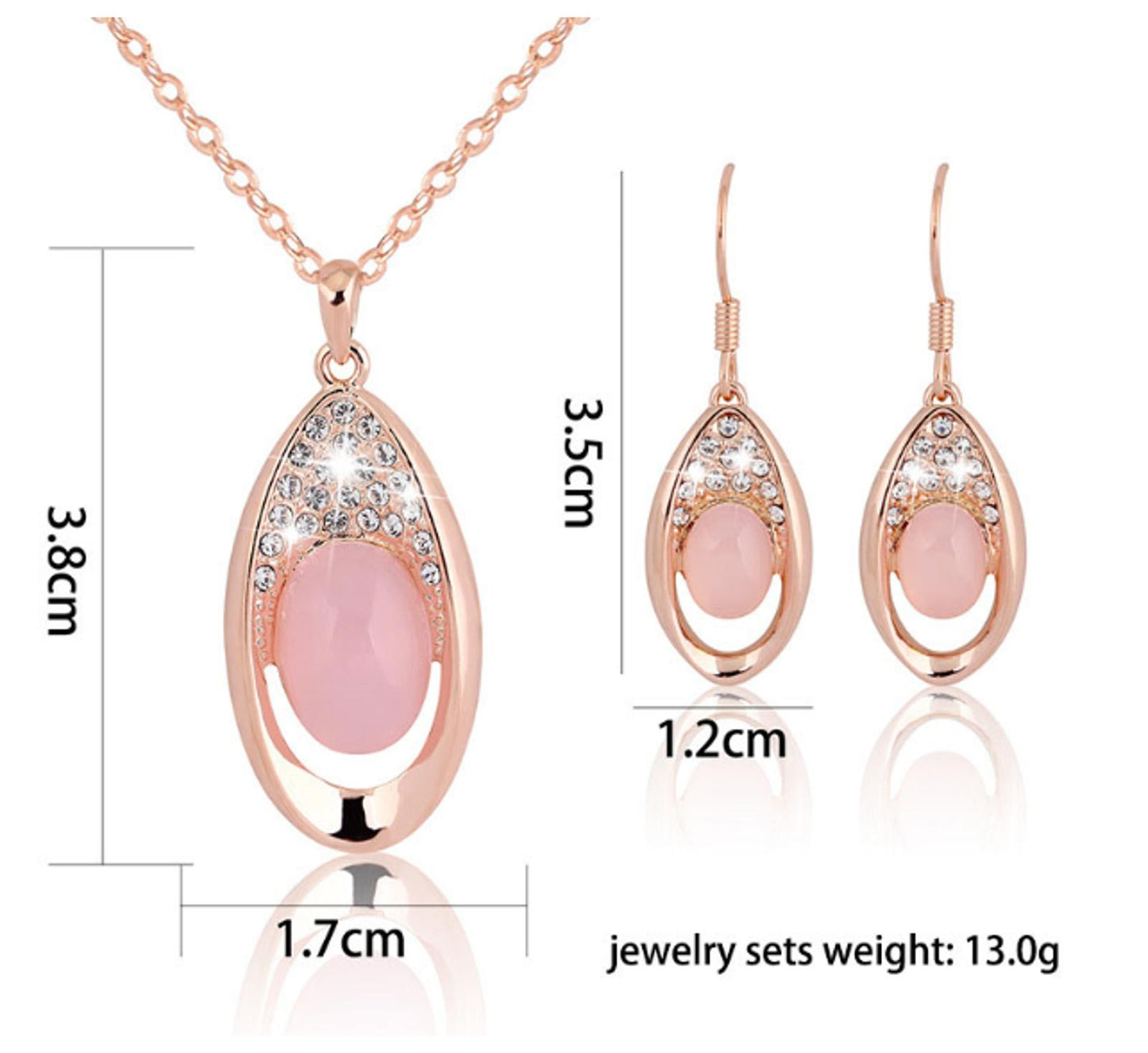 Pink oval Necklace/Earring set - Rose Gold - CZs - 18"