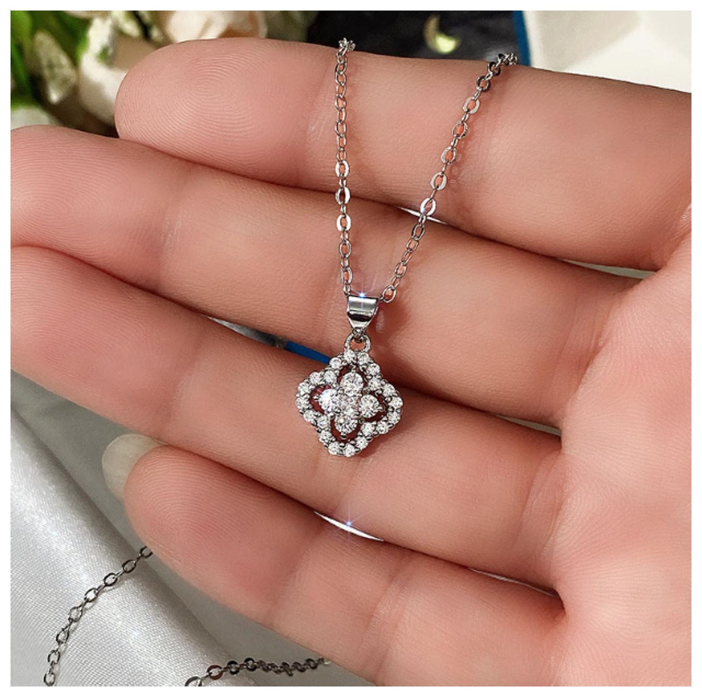 Double clover Necklace - Silver - CZs - 18"