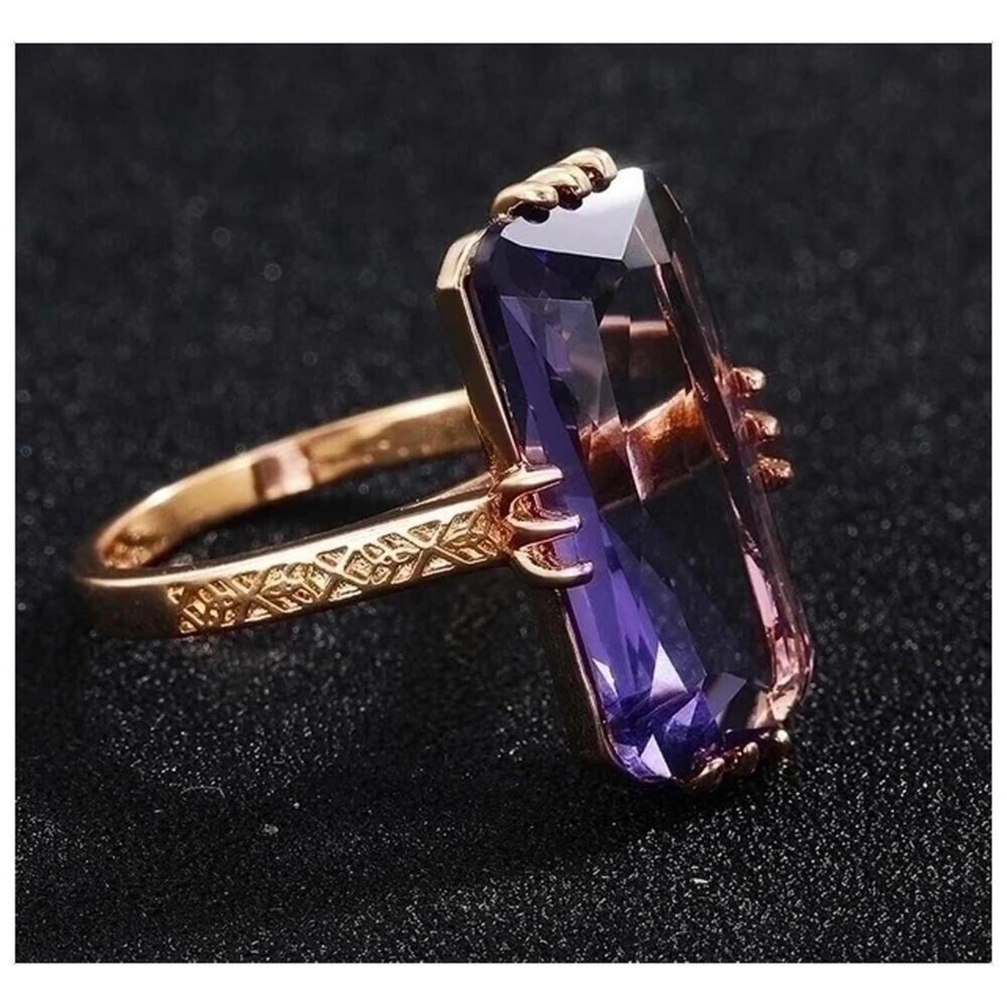 Purple rectangle ring - 18K gold plated - CZ - size 9.