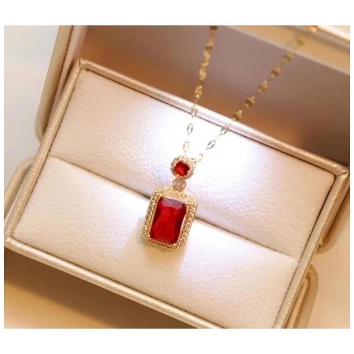 Red rectangle jewelry Set - 18K gold plated - CZs - Necklace and Earrings.