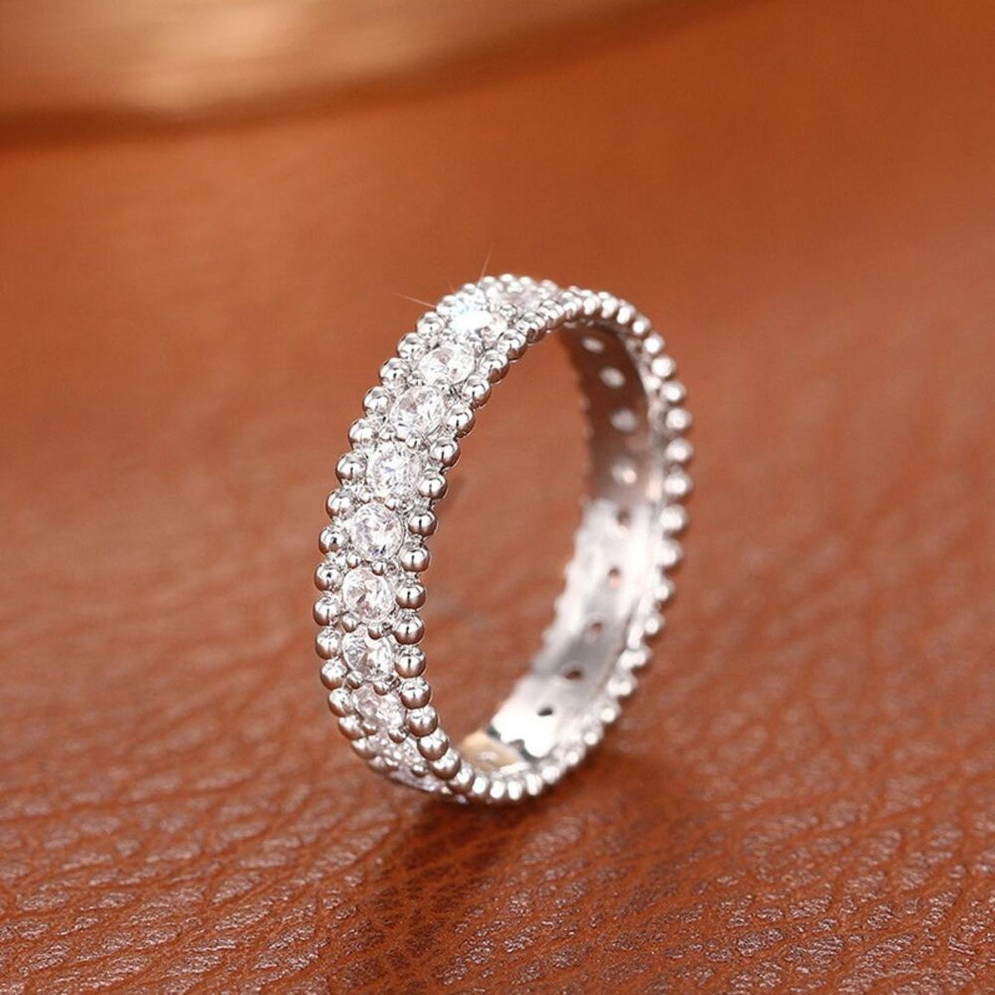 Bead edge band RING - Silver - CZs - size 6