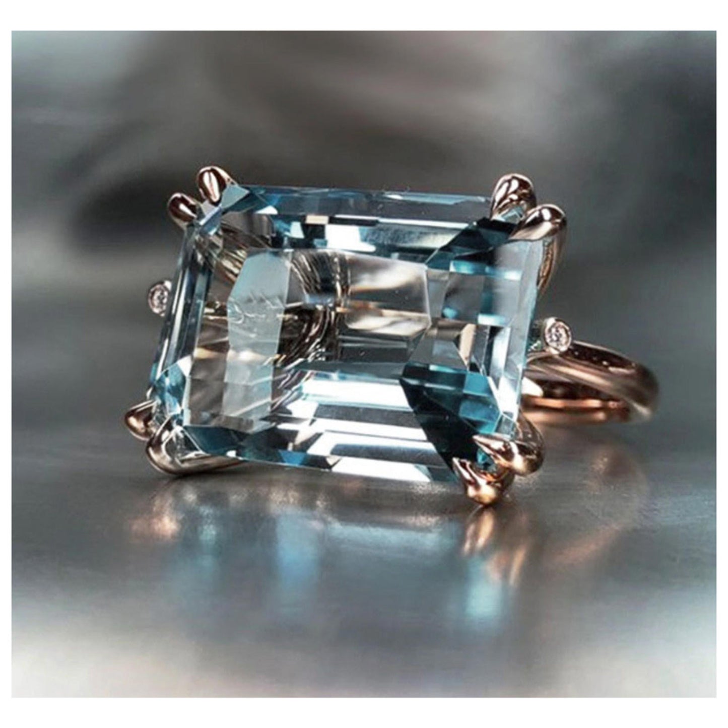 Teal blue east-west ring - copper - CZs - Size 8.