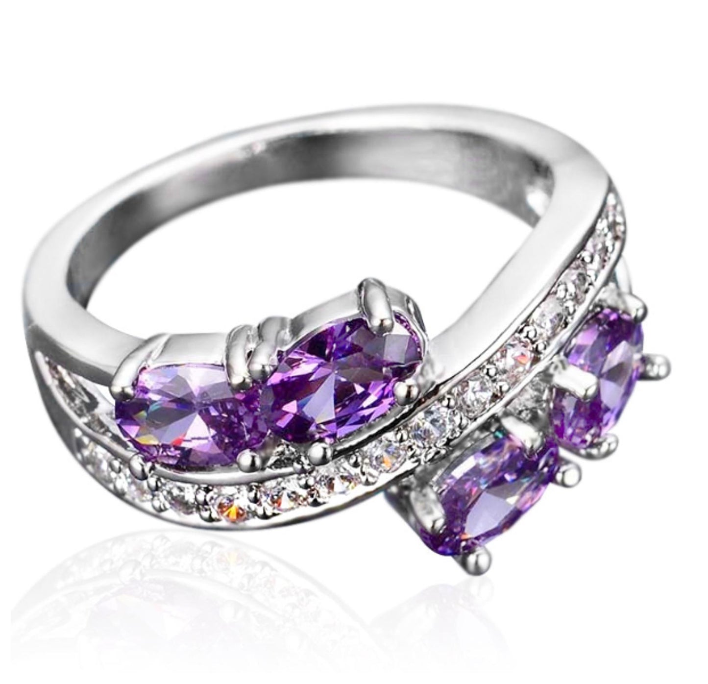 Purple bypass Ring - Silver - CZs - Size 6