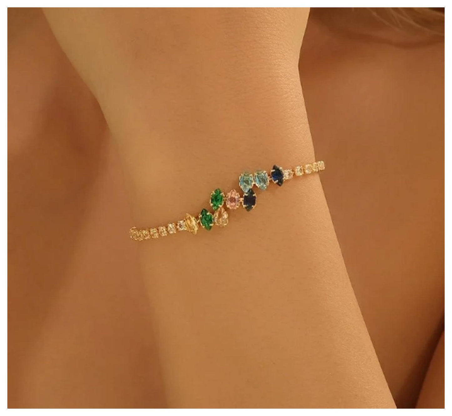 Multicolor marquis tennis - Bracelet - Gold - CZs - 7"