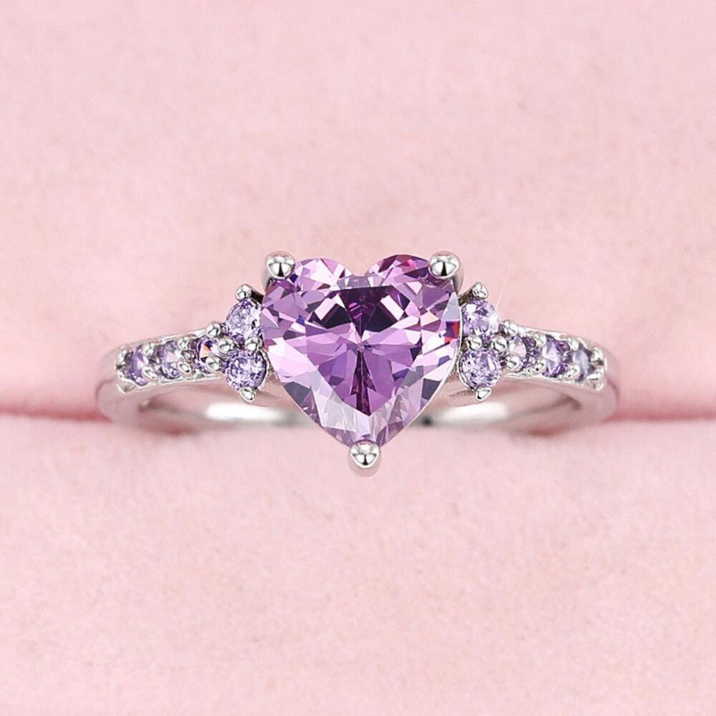 Purple heart RING - Silver - CZs - size 6