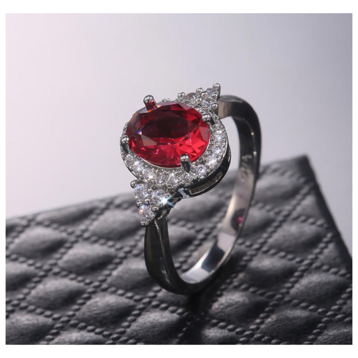 Red Oval ring - silver - CZs- Size 6.