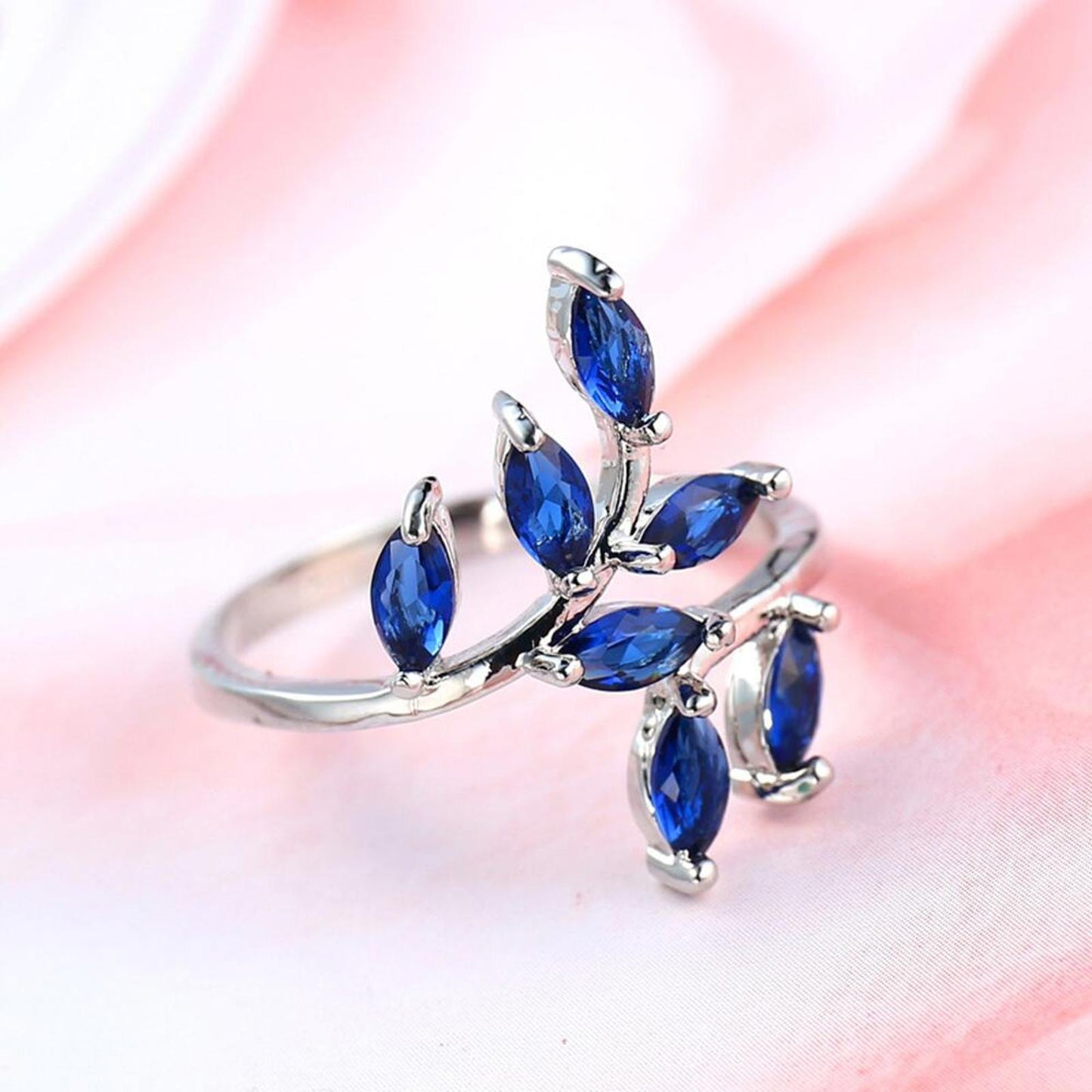 Blue leaf bypass RING - Silver - CZs - size 9