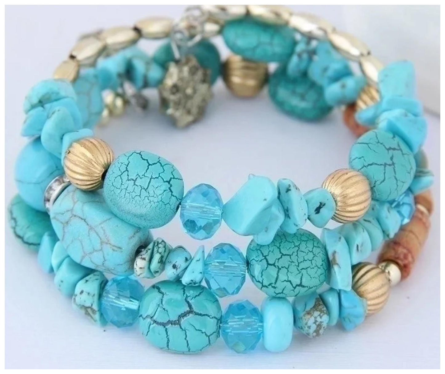 Turquoise beaded wrap bangle - Bracelet - Gold - CZs