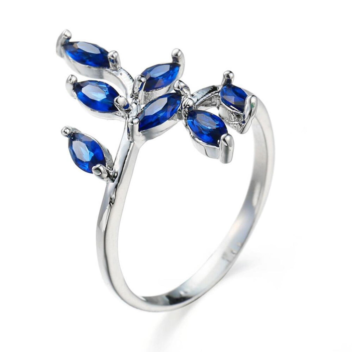 Blue leaf bypass RING - Silver - CZs - size 9