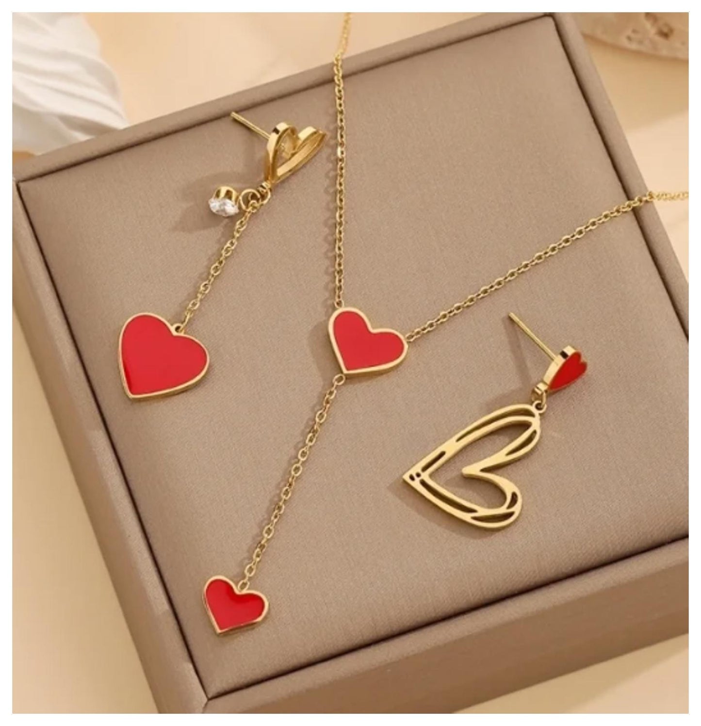 Red hearts Y-shaped - Necklace/Earring set - Gold - CZs - 18"