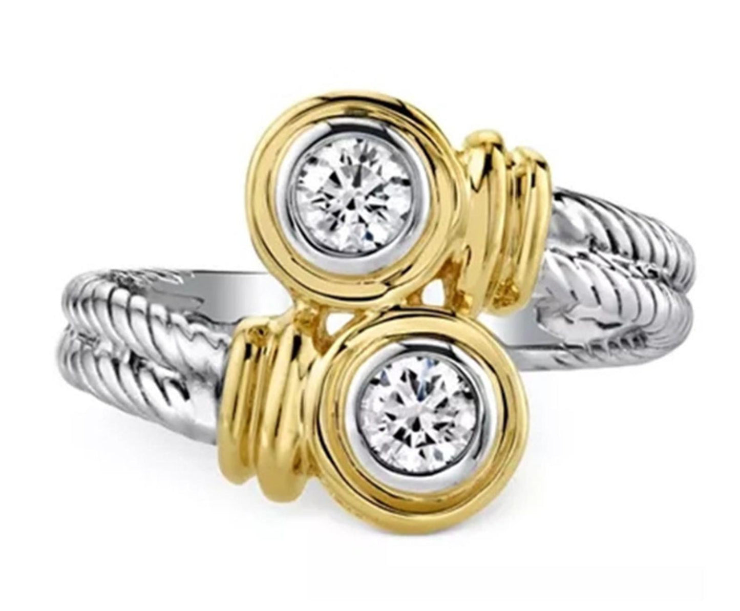 Bypass cable bezel set Ring - Two Tone Silver - CZs - Size 6