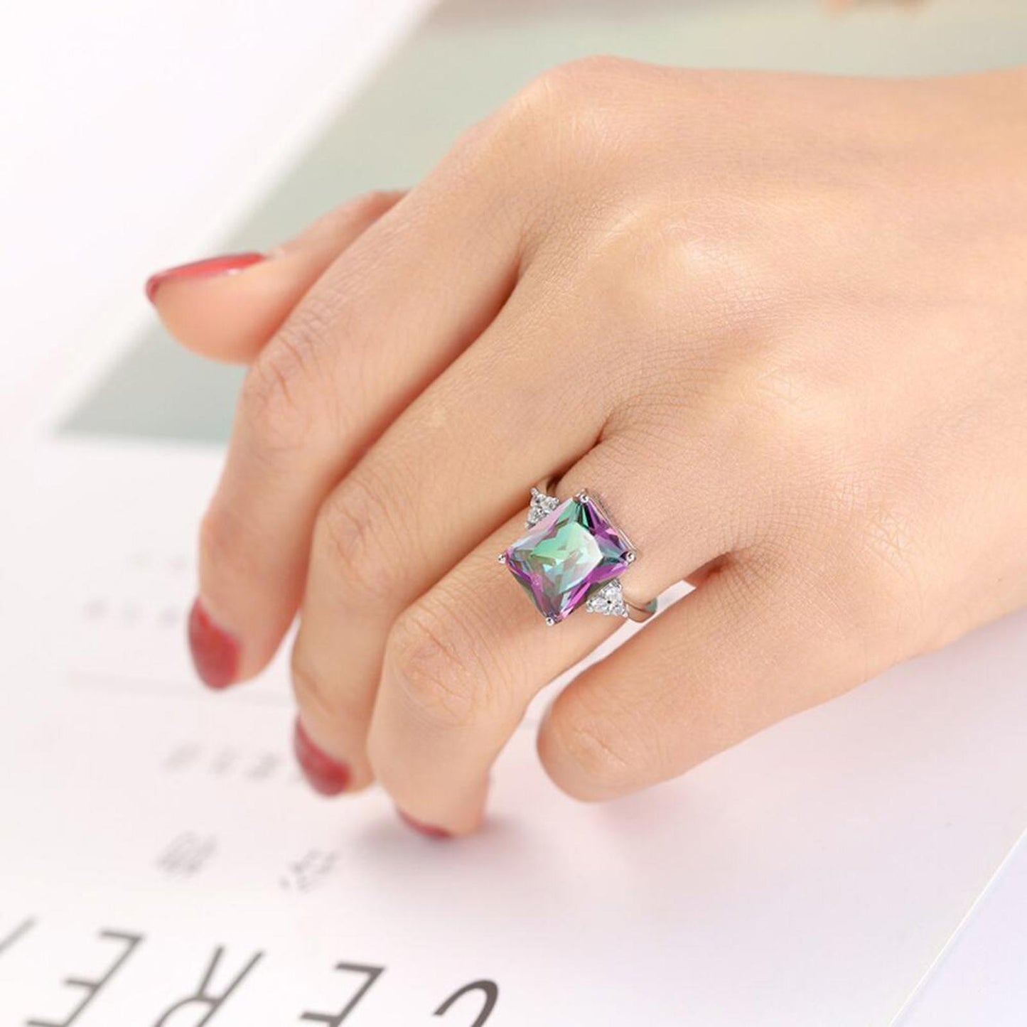 Rainbow radiant cut RING - Silver - CZs - size 7
