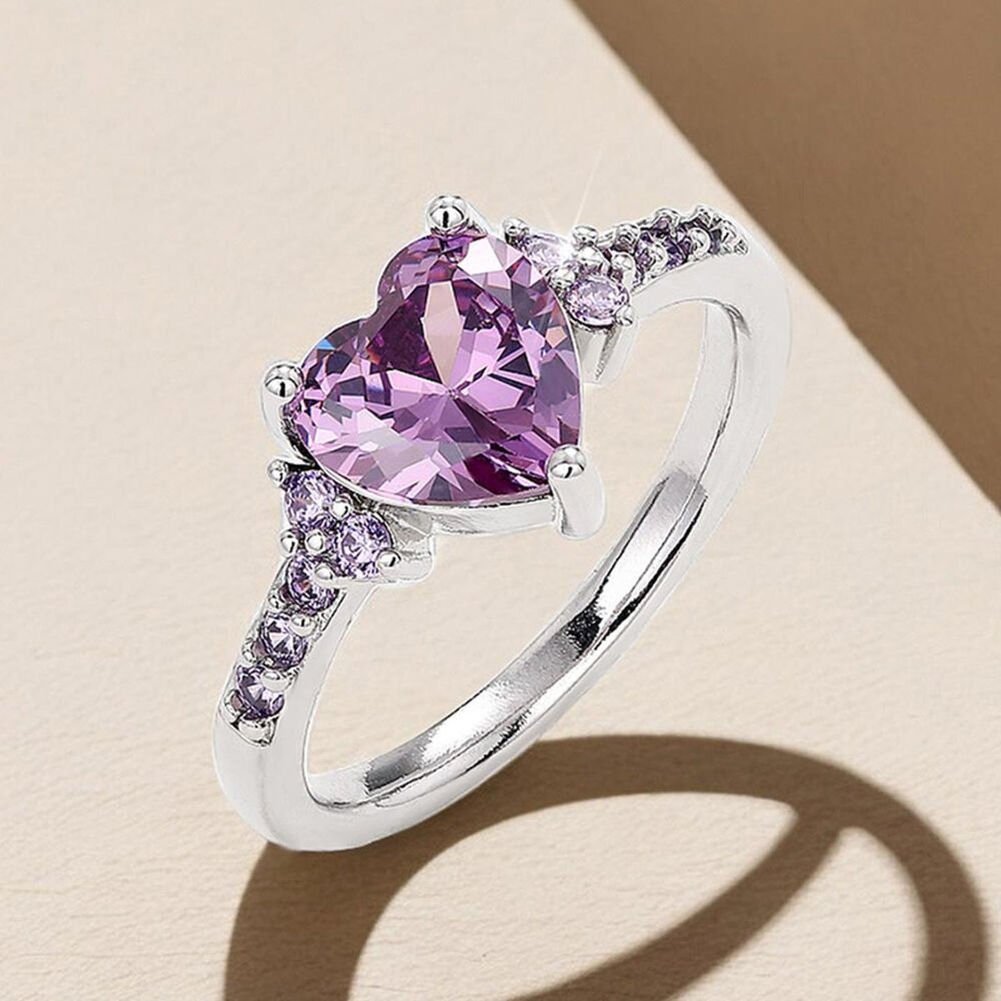 Purple heart RING - Silver - CZs - size 7
