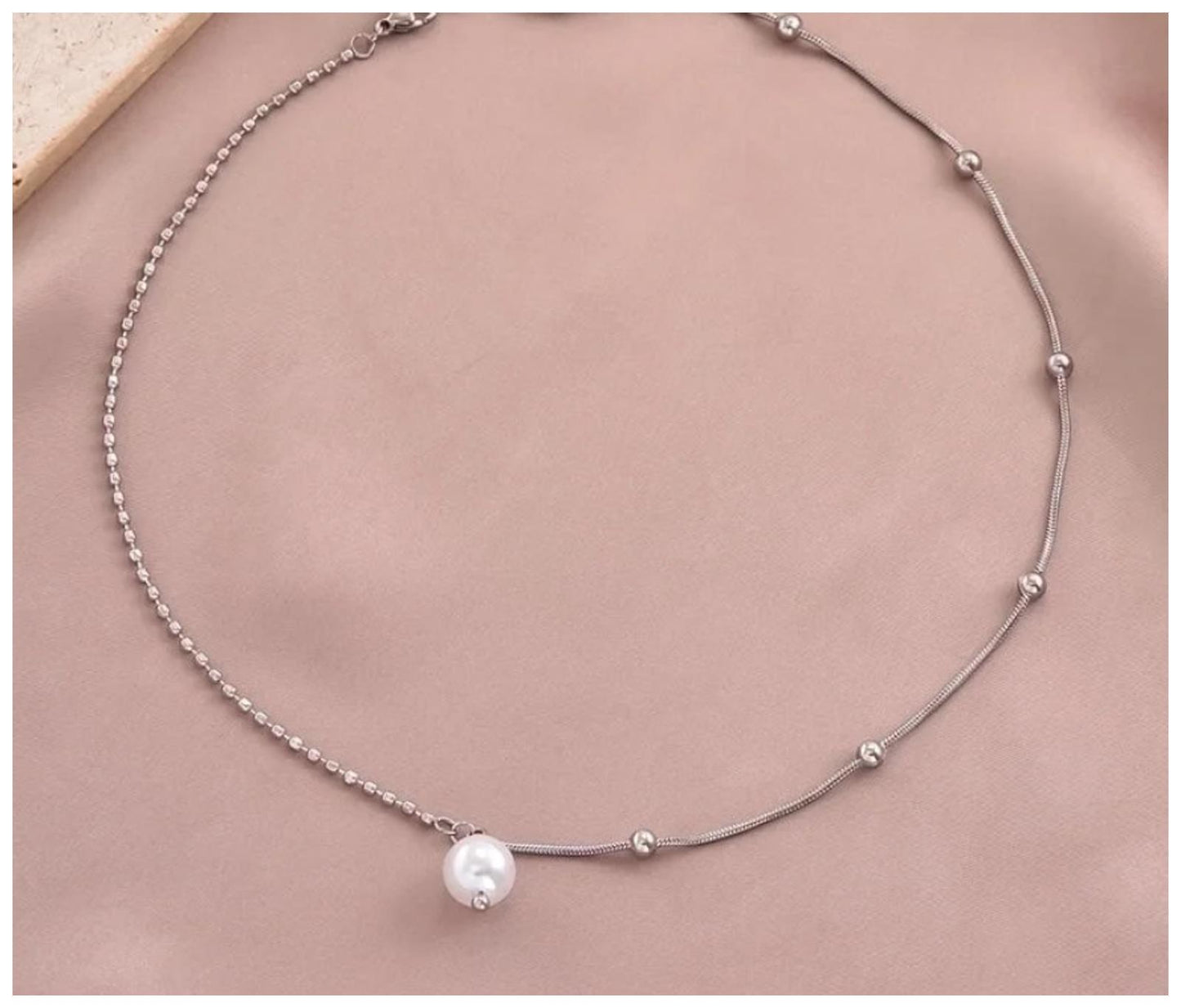 Pearl beaded snake chain - Necklace - Silver - artificial pearl/CZs - 18"