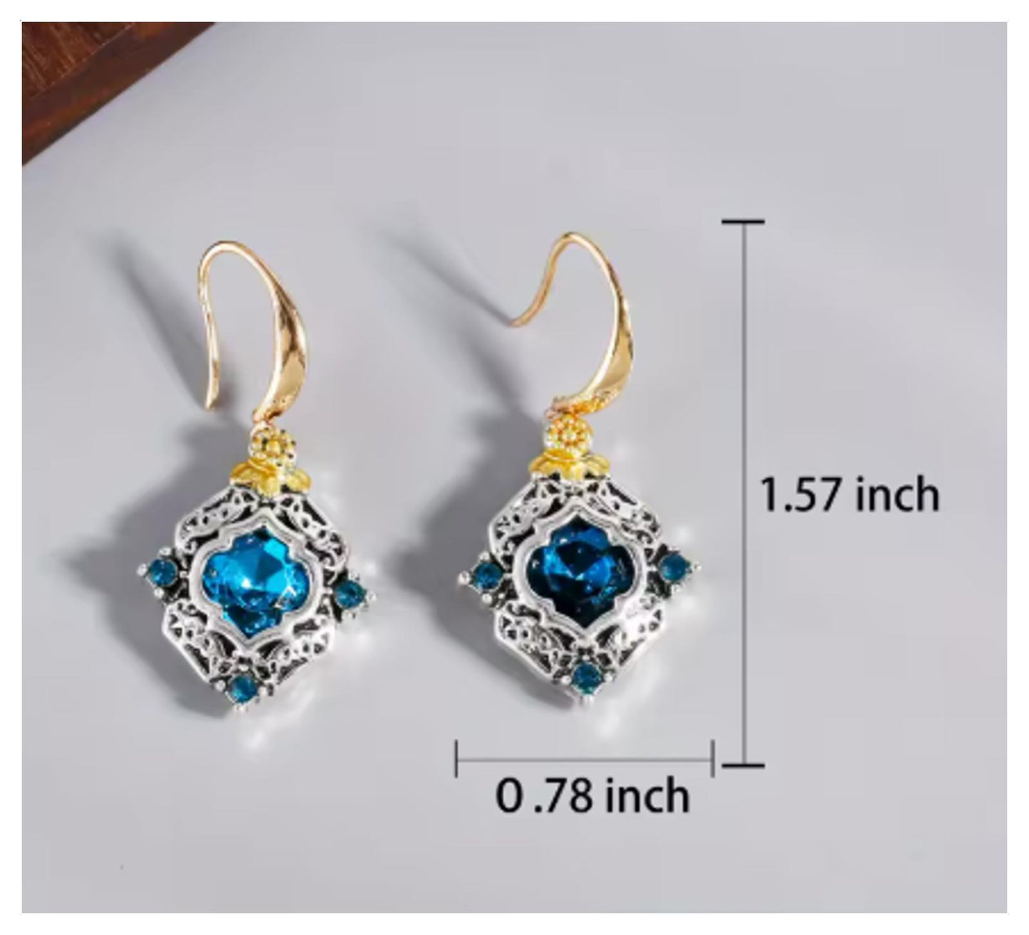 Blue vintage style two tone - Earrings - Silver - CZs - 1.5"