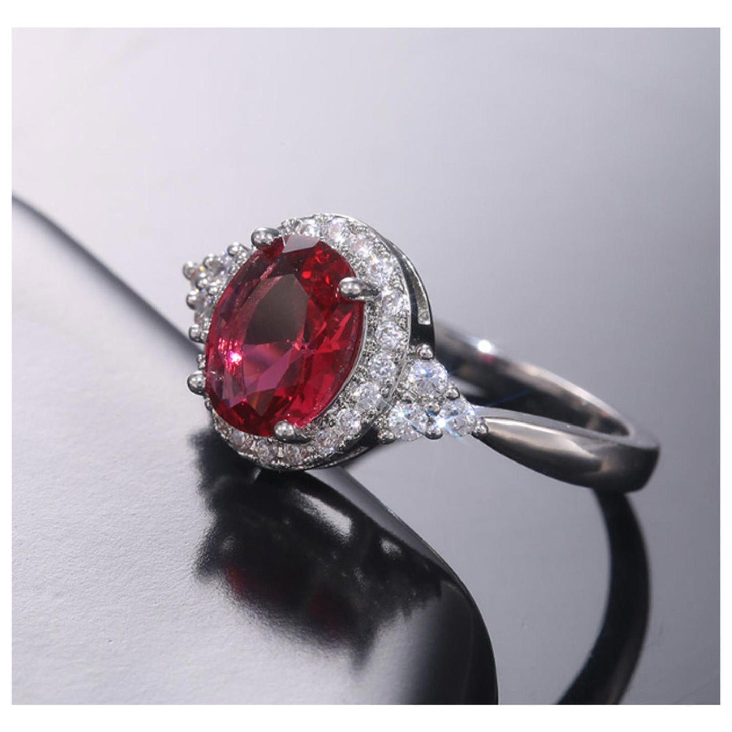 Red Oval ring - silver - CZs- Size 6.