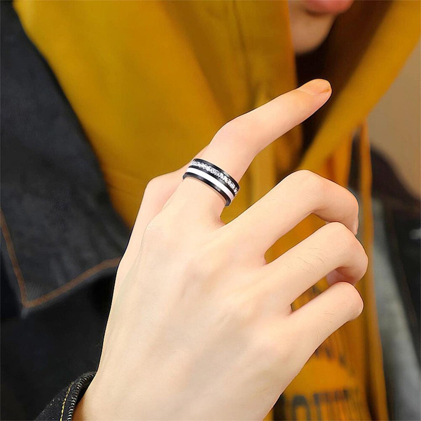 Black stainless steel princess cut inlay band RING - Silver - CZs- size 9