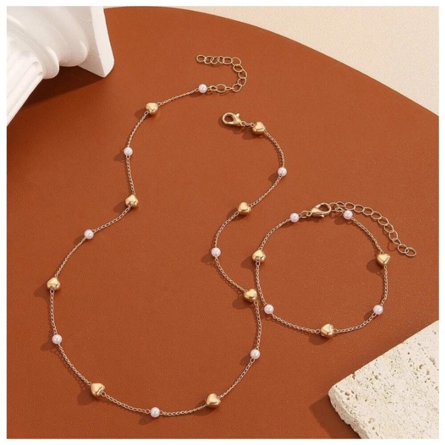 Heart and Pearl Set - Gold - 16-18" Necklace & Bracelet