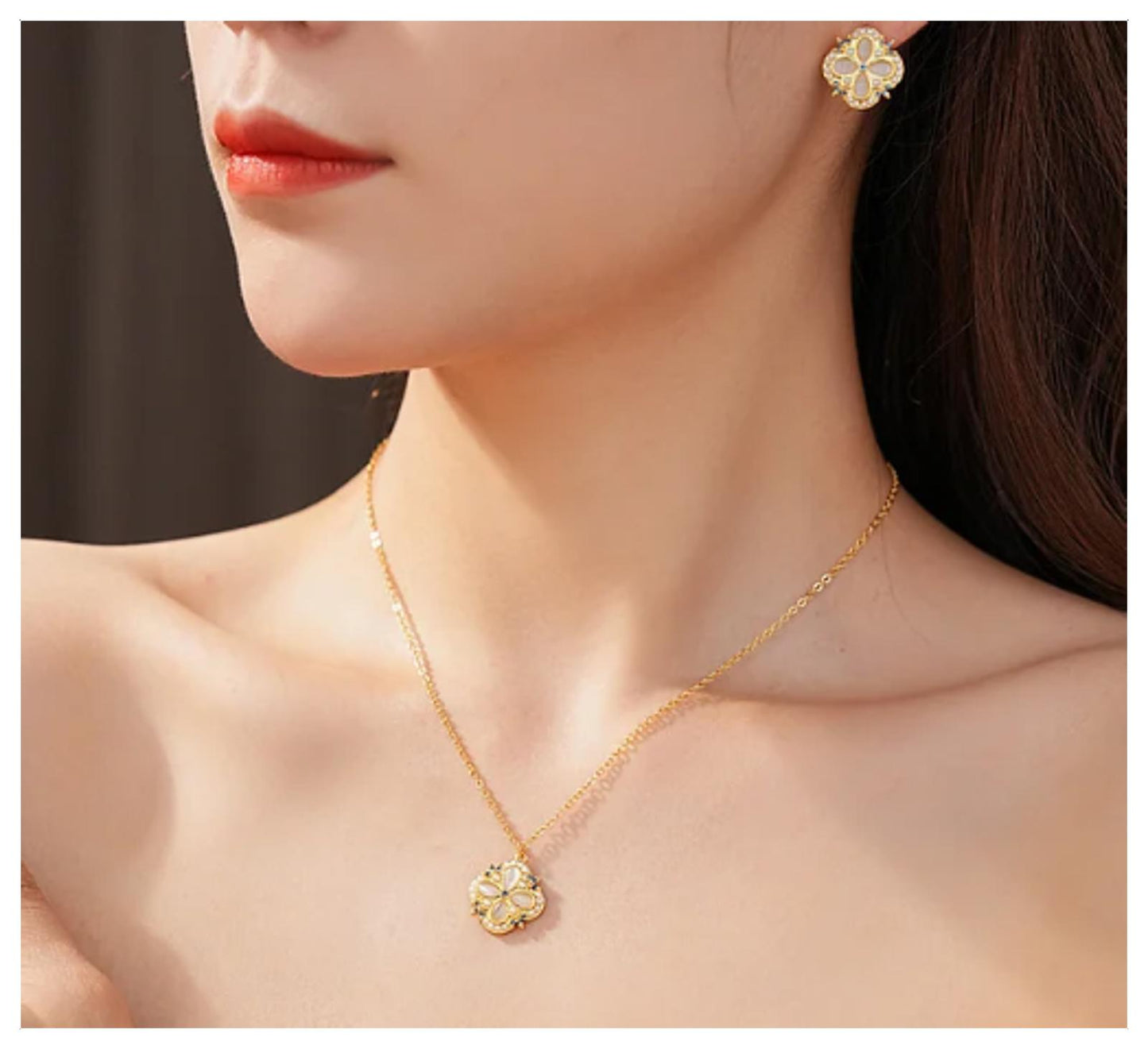 White Vintage cat's eye and pearl - Necklace/Earring set - Gold - CZs - 18"