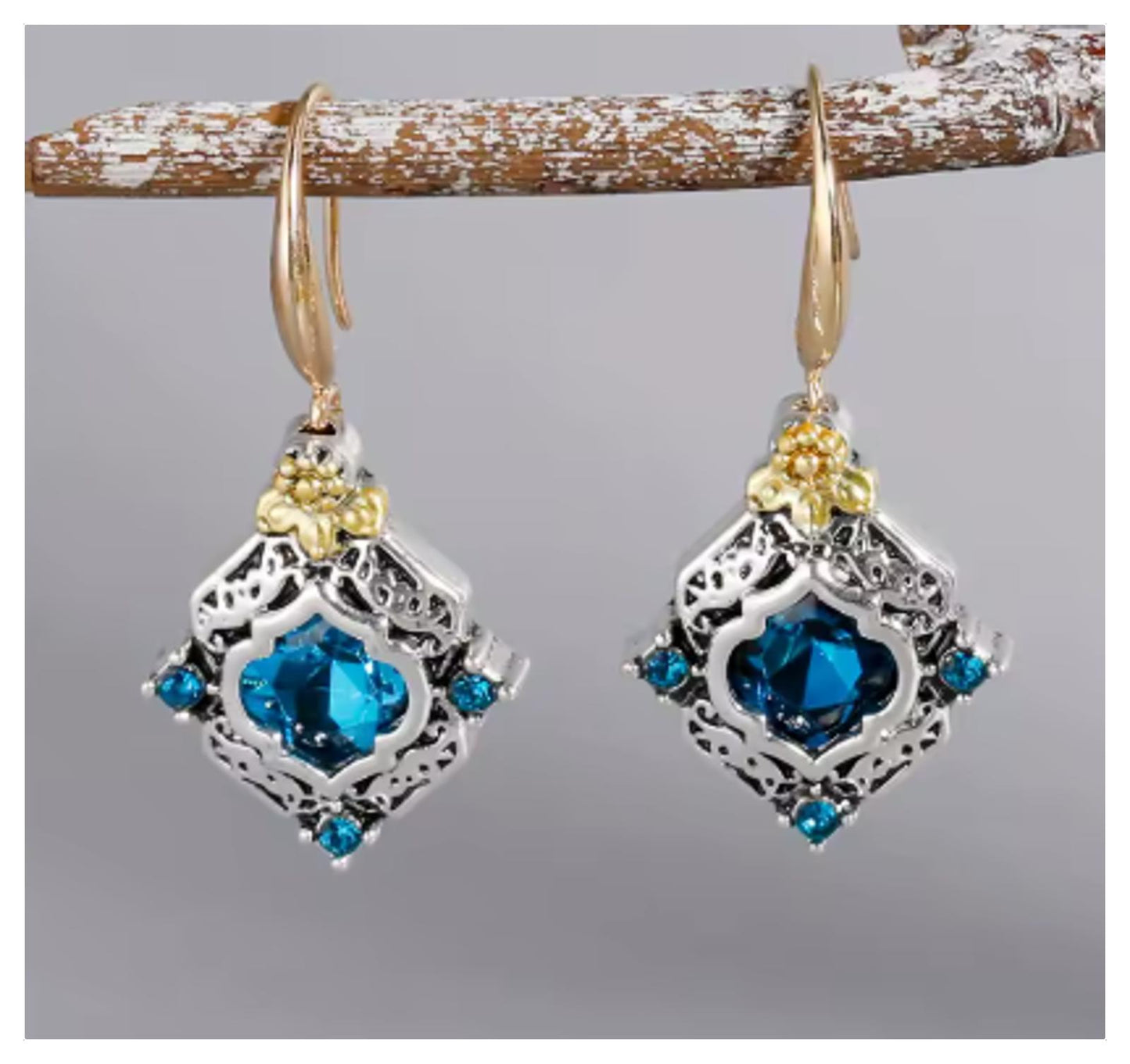 Blue vintage style two tone - Earrings - Silver - CZs - 1.5"