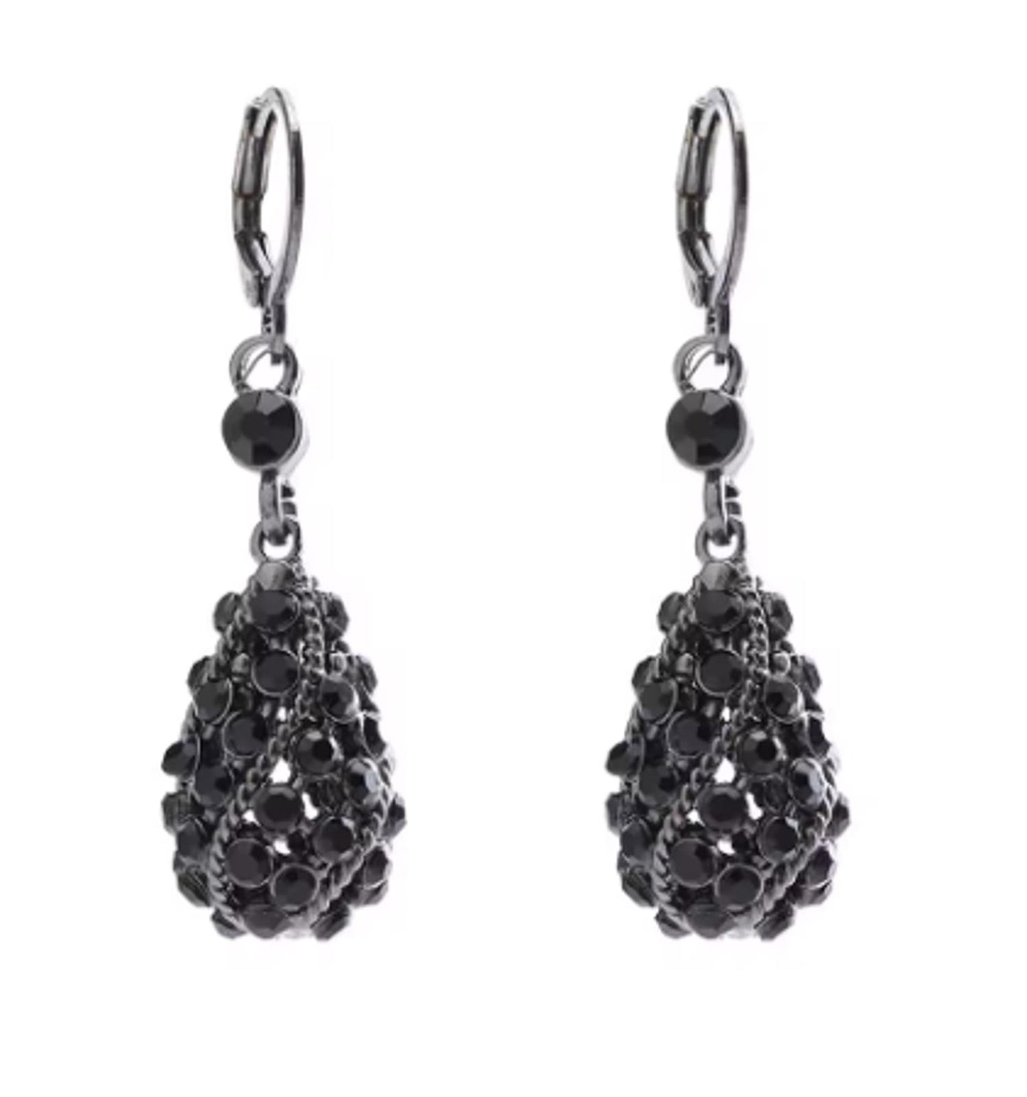 Black crystal drop - Earrings - Silver - CZs - 1.5"