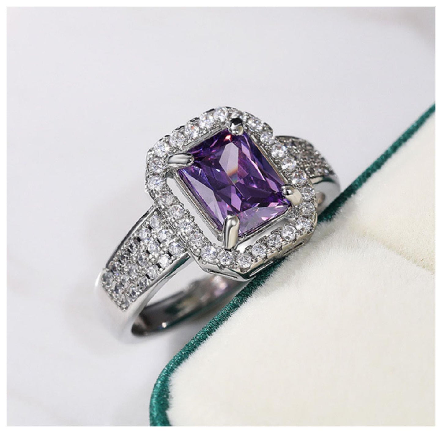 Purple radiant halo Ring - Silver - CZs - Size 6