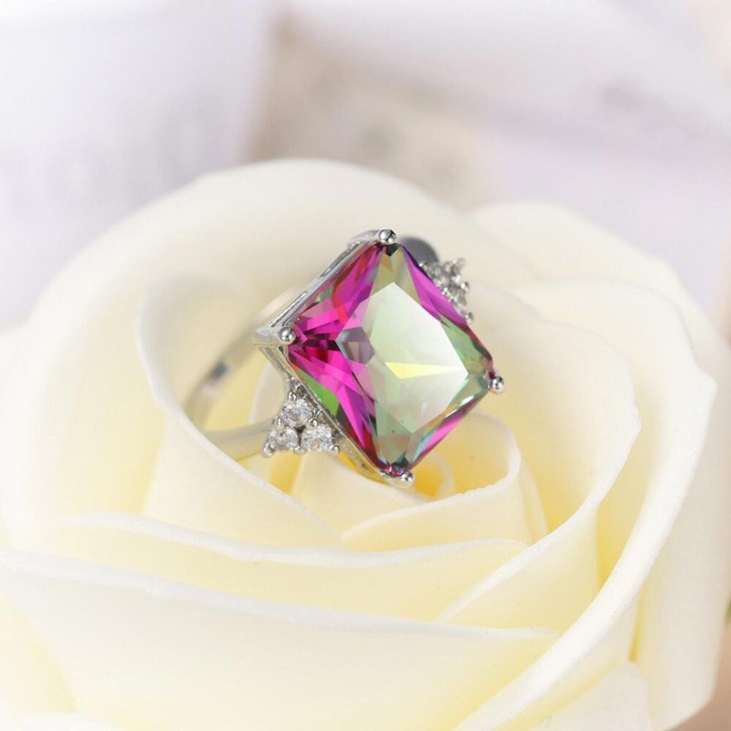 Rainbow radiant cut RING - Silver - CZs - size 6