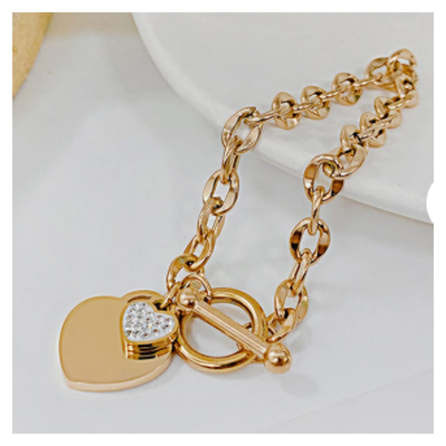 Double heart charm - Bracelet - Rose Gold - CZs - 8"