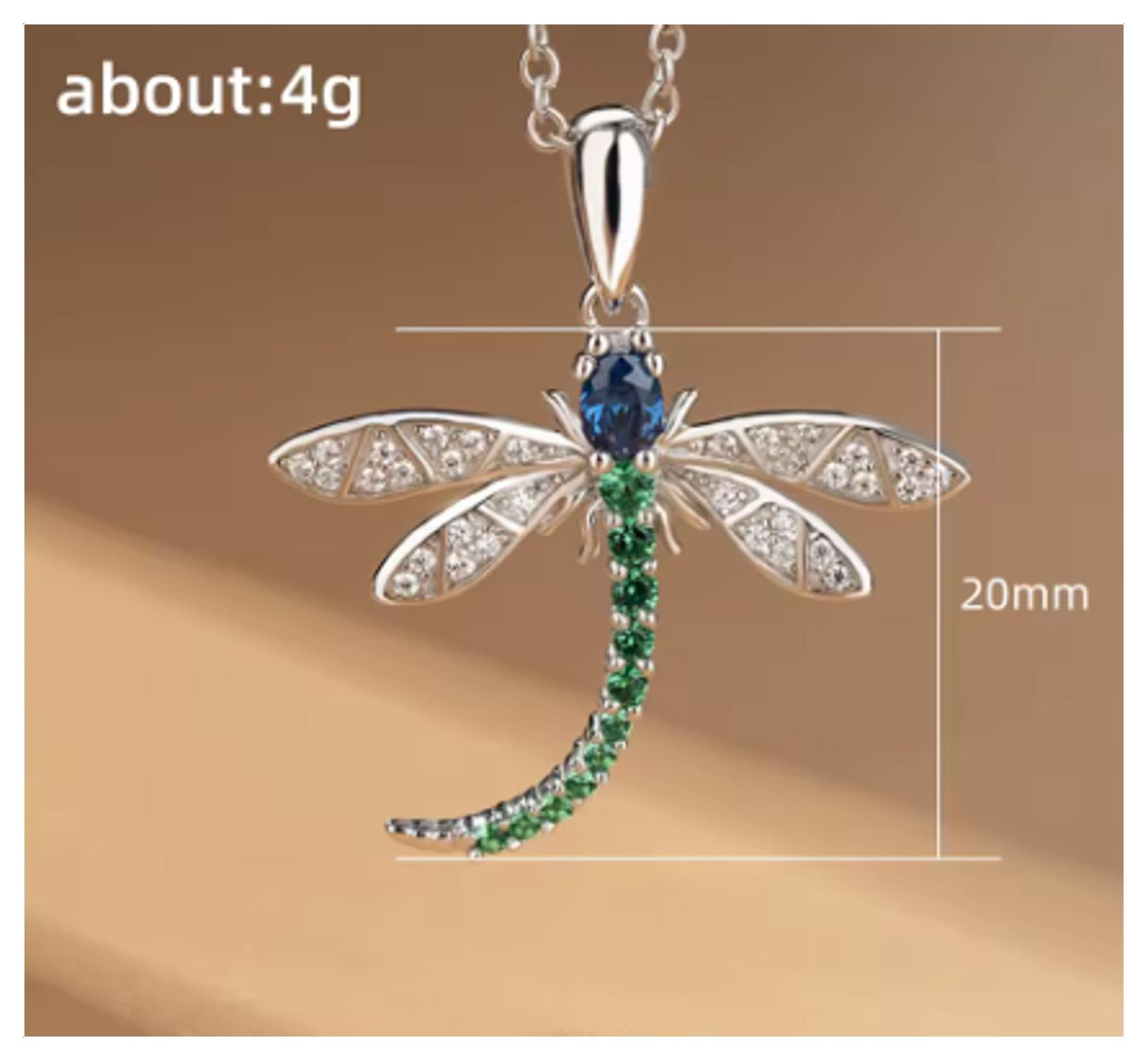 Green and Blue dragonfly pendant - Necklace - Silver - CZs - 18"