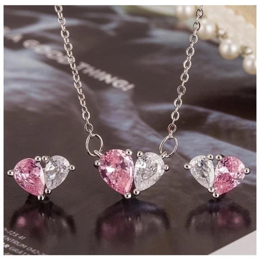 Pink and White Teardrop Set - Silver - 16-18" Necklace & Earrings