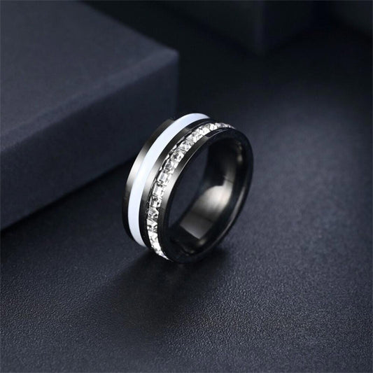Black stainless steel princess cut inlay band RING - Silver - CZs- size 8