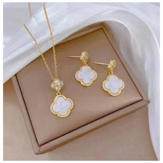 White Mother of Pearl Clover Set - Gold - CZs - 16-18" Necklace & Earrings