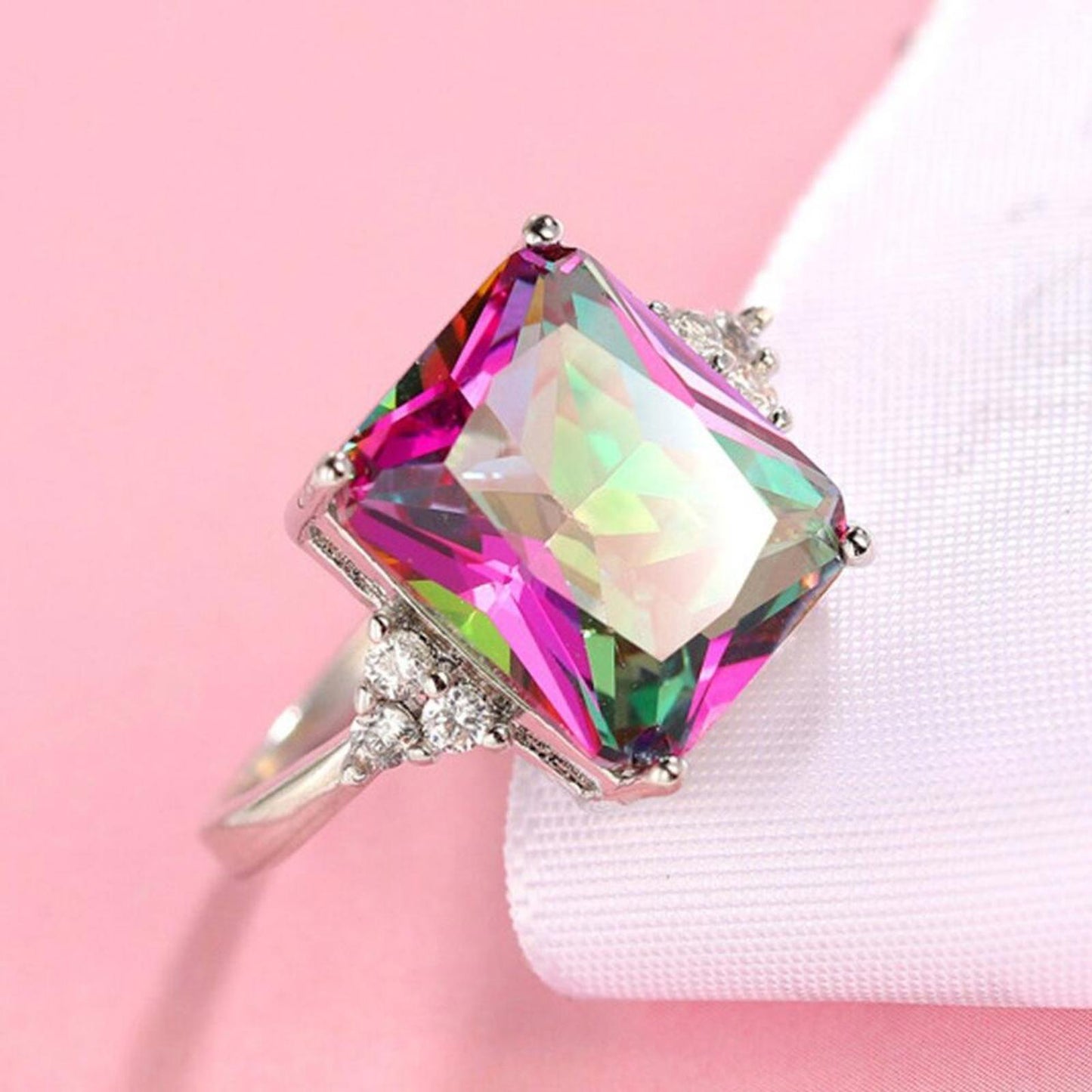 Rainbow radiant cut RING - Silver - CZs - size 6