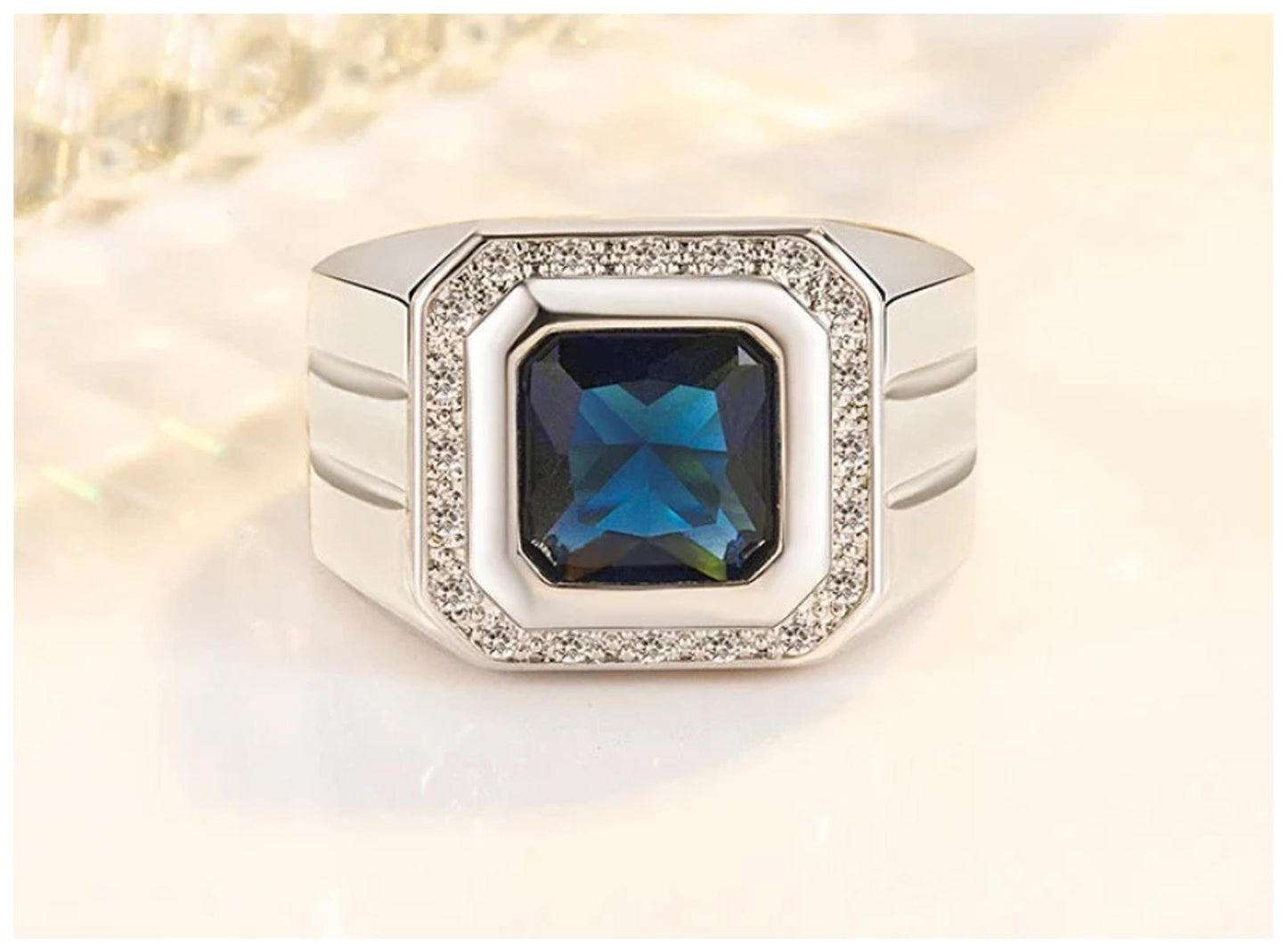 Blue square halo - Ring - Silver - CZs - Size 9